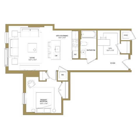 A floor plan of a house with a living room, kitchen, and two bedrooms.